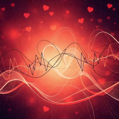 The primary subject of the image is a heart-shaped sound wave, which is a creative and artistic representation of sound. The setting is a red background, which adds a vibrant and energetic atmosphere to the image. The visual style is a combination of digital art and illustration, creating a unique and eye-catching design. The colors and mood of the image are predominantly red, which symbolizes love and passion, and the overall atmosphere is lively and engaging.